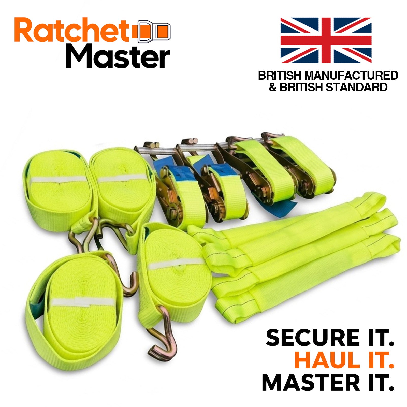 Ratchet Master - Hi-Vis Recovery Ratchet Straps Set of 4 - British Standard (6m) (5 Tonne)