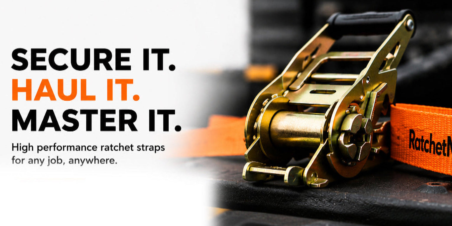 Ratchet strap with RatchetMaster branding and promotional text on a dark background